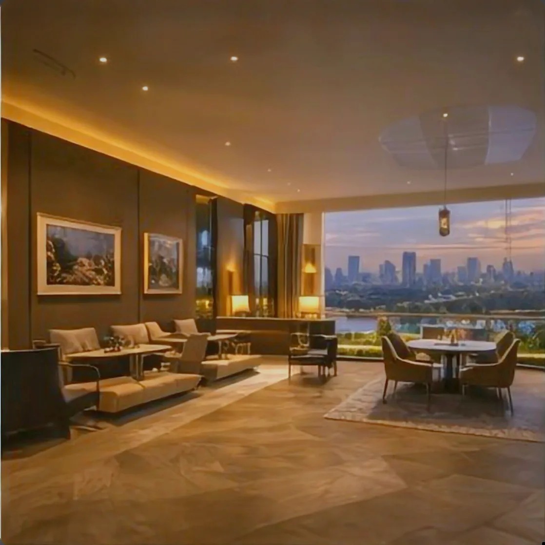 Grand clubhouse lobby interior with elegant lighting