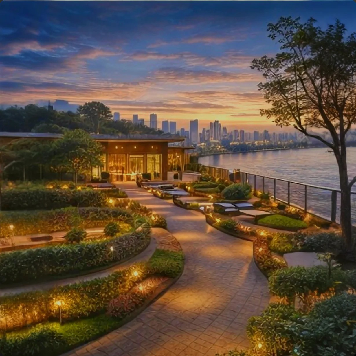 Landscaped garden pathway lined with manicured trees