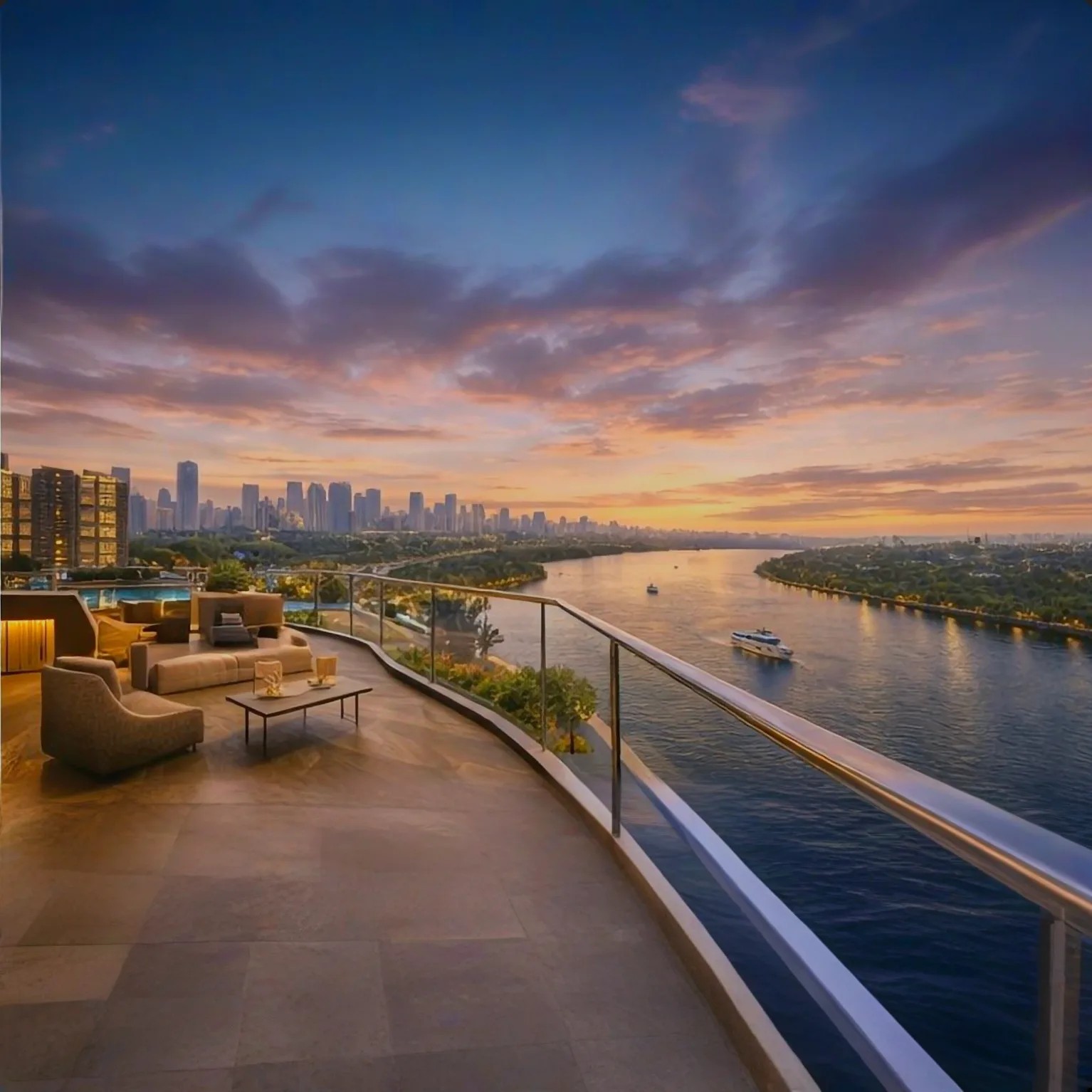 Residential balconies overlooking a riverfront view