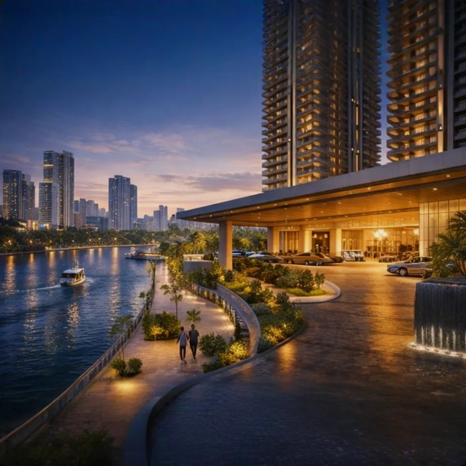 Modern high-rise residential tower elevation against a clear sky